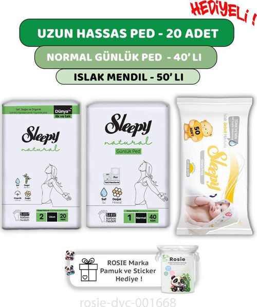 Natural Ultra Hassas Uzun Ped 20'li,Günlük Ped 40'lı Sensitive 50'li Mendil ve ROSIE