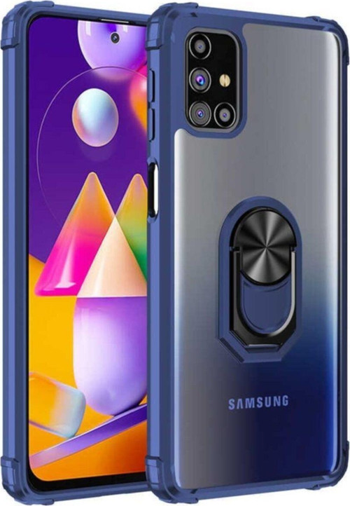 Samsung Galaxy M31S Kapak Şeffaf Yüzüklü Kenar Korumalı Standlı Kılıf - Lacivert