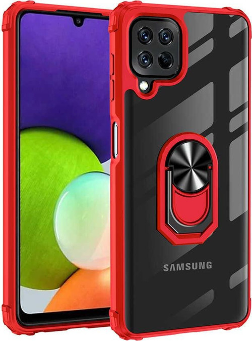 Samsung Galaxy M22 Kapak Şeffaf Yüzüklü Kenar Korumalı Standlı Kılıf - Kırmızı