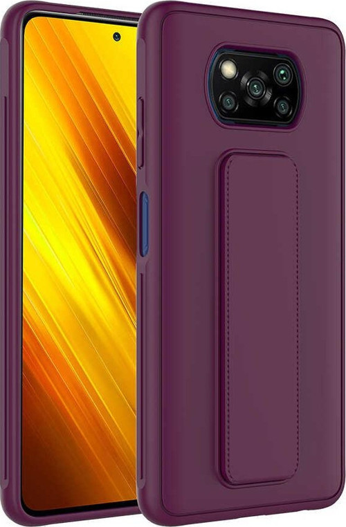 Xiaomi Poco X3 Kapak Standlı El Tutacaklı Silikon Kılıf - Mürdüm