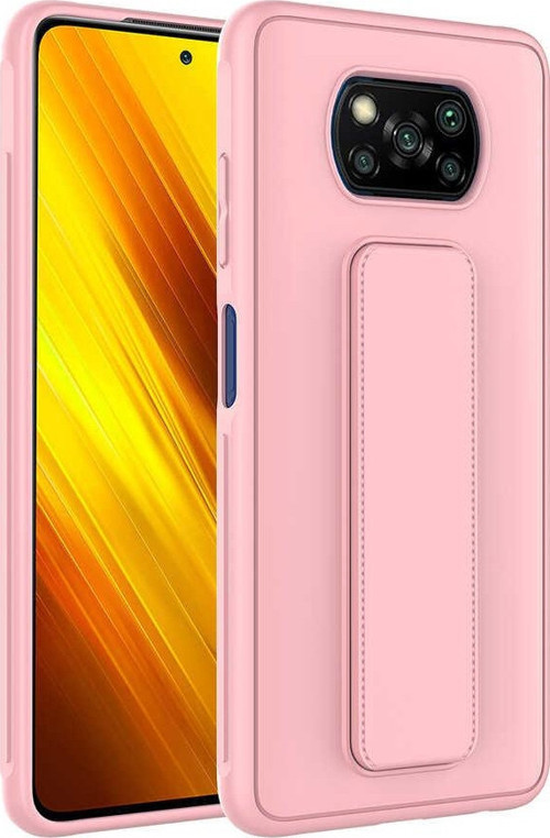 Xiaomi Poco X3 Kapak Standlı El Tutacaklı Silikon Kılıf - Pembe