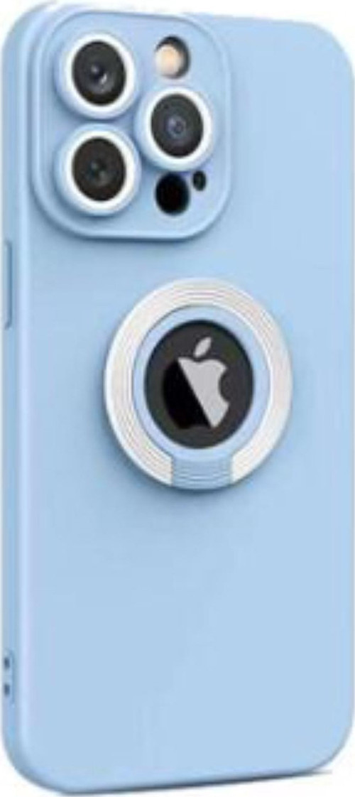 Apple iPhone 11 Pro Max Kapak Kamera Korumalı Standlı Logo Açık Yüzüklü Kılıf - Mavi - Beyaz