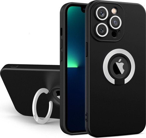 Apple iPhone 11 Pro Max Kapak Kamera Korumalı Standlı Logo Açık Yüzüklü Kılıf - Siyah - Beyaz