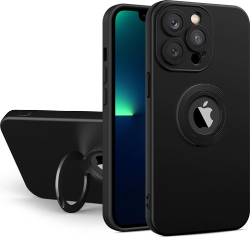 Apple iPhone 11 Pro Max Kapak Kamera Korumalı Standlı Logo Açık Yüzüklü Kılıf - Siyah - Siyah