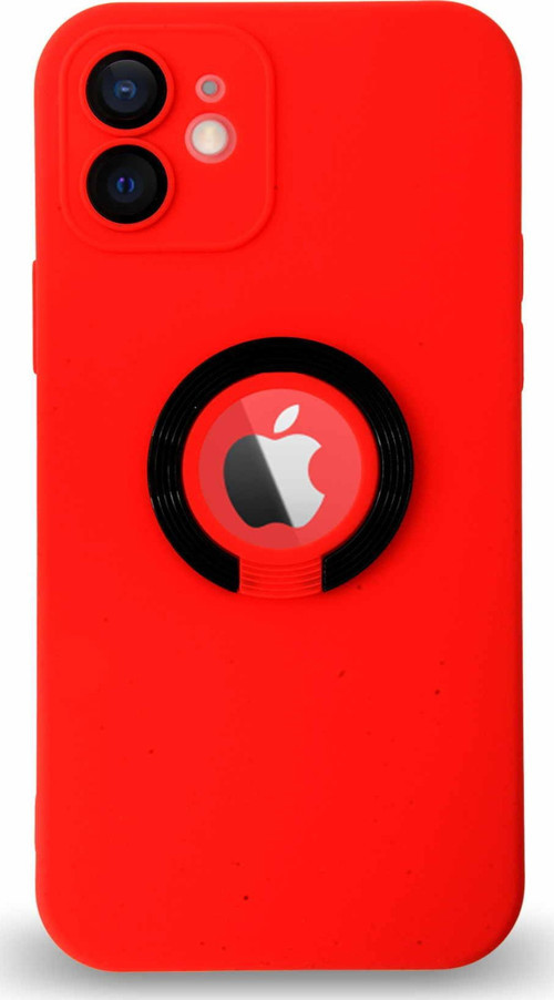 Apple iPhone 12 Kapak Kamera Korumalı Standlı Logo Açık Yüzüklü Silikon Kılıf - Kırmızı - Siyah