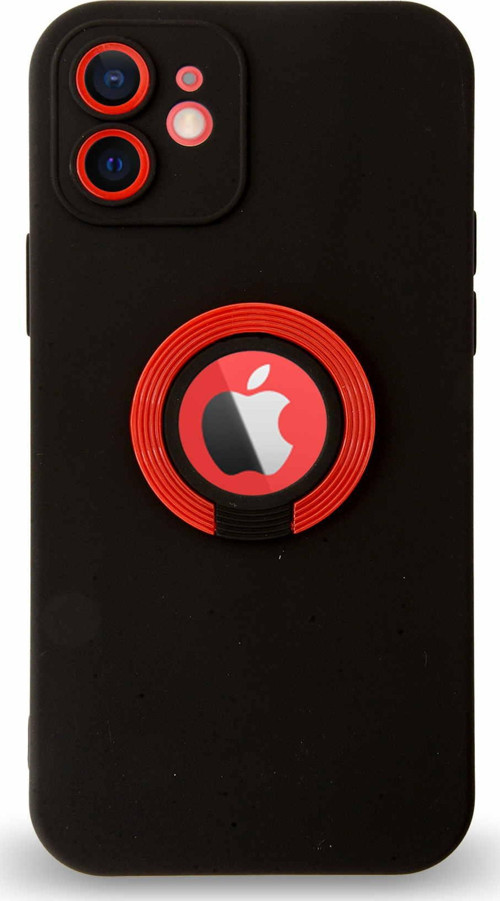 Apple iPhone 12 Kapak Kamera Korumalı Standlı Logo Açık Yüzüklü Silikon Kılıf - Siyah - Kırmızı
