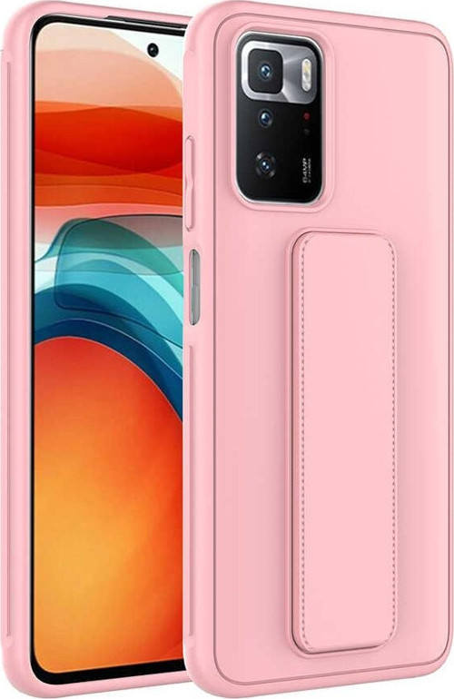 Xiaomi Redmi 10 Kapak Standlı El Tutacaklı Silikon Kılıf - Pembe