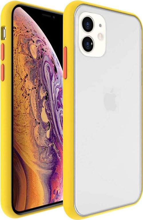 Apple iPhone 12 Kılıf Silikon Kenarlı Düğmeleri Renkli Mat Arka Kapak - Sarı