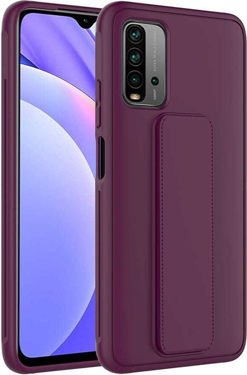 Xiaomi Redmi 9T Kapak Standlı El Tutacaklı Silikon Kılıf - Mürdüm