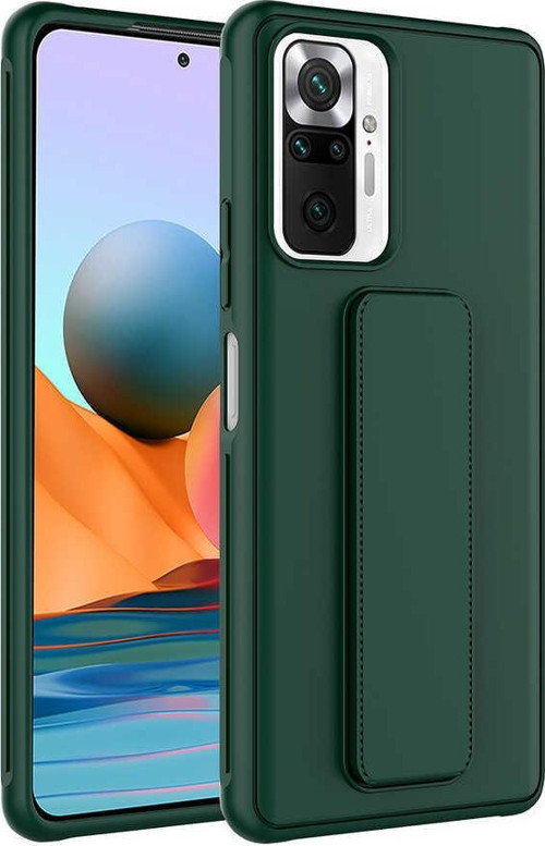 Xiaomi Redmi Note 10 Pro Kapak Standlı El Tutacaklı Silikon Kılıf - Koyu Yeşil