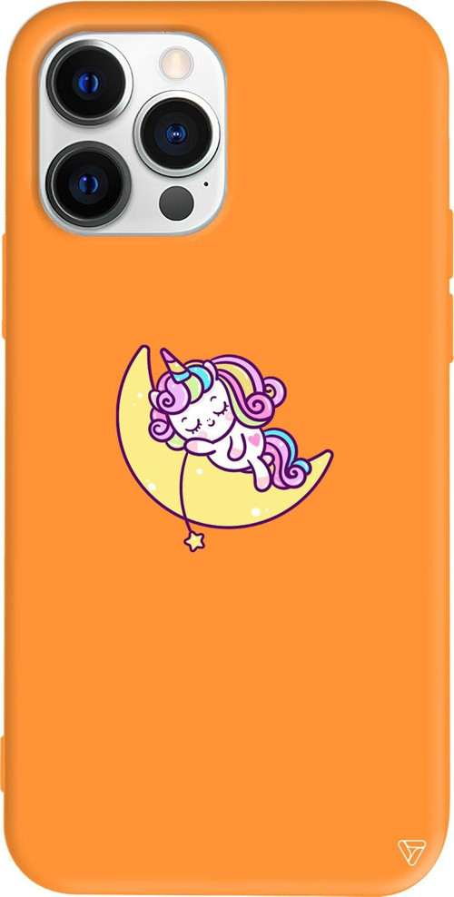 iPhone 15 Pro Max Uyumlu Turuncu Renkli Silikon Sleepy Unicorn Telefon Kılıfı