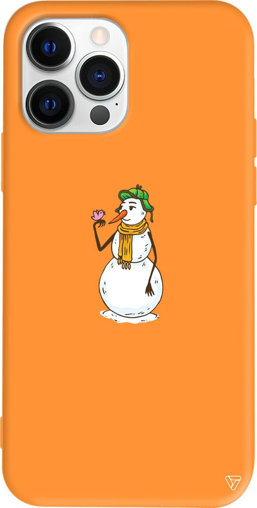 iPhone 15 Pro Max Uyumlu Turuncu Renkli Silikon Snowman With Bird Telefon Kılıfı