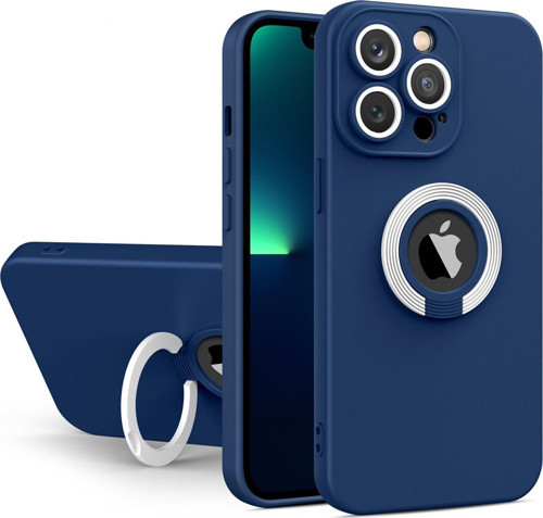 Apple iPhone 13 Pro Kapak Kamera Korumalı Standlı Logo Açık Yüzüklü Silikon Kılıf - Lacivert - Beyaz