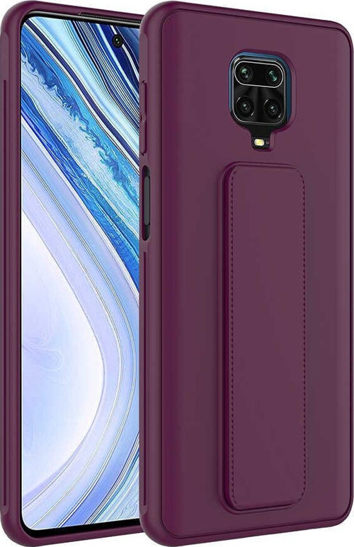 Xiaomi Redmi Note 9S Kapak Standlı El Tutacaklı Silikon Kılıf - Mürdüm