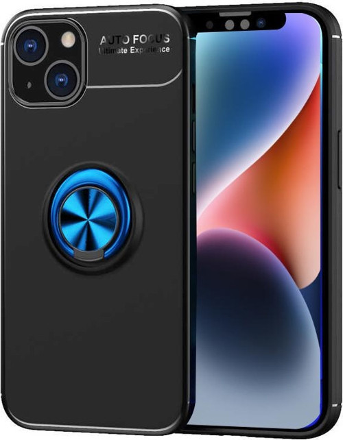Apple iPhone 14 Plus Kılıf Renkli Yüzüklü Manyetik Silikon Kapak Siyah - Mavi
