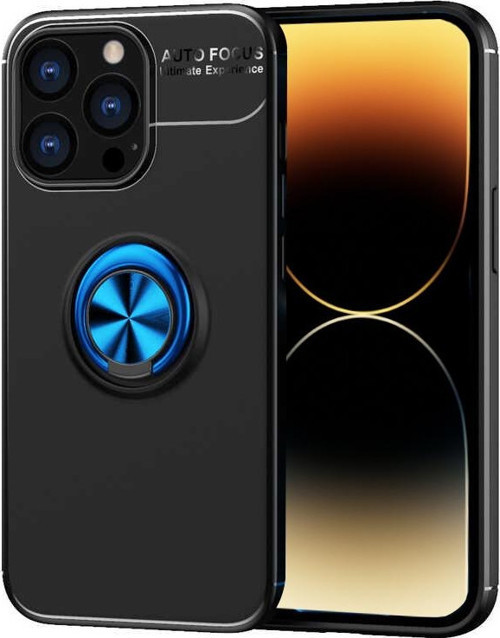Apple iPhone 14 Pro Kılıf Renkli Yüzüklü Manyetik Silikon Kapak Siyah - Mavi