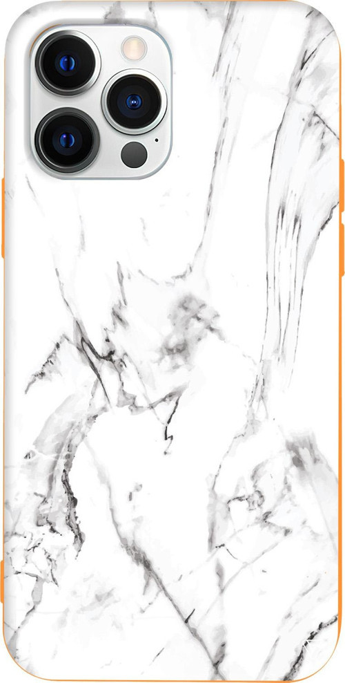 iPhone 15 Pro Max Uyumlu Turuncu Renkli Silikon Beyaz Mermer 1 Telefon Kılıfı