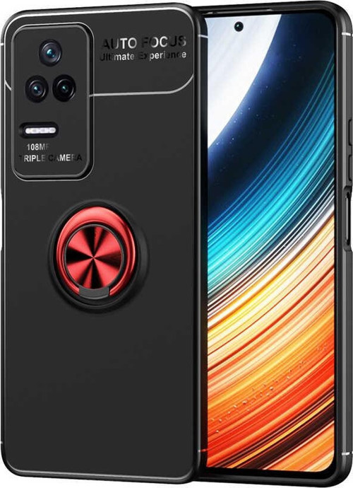 Xiaomi Poco F4 Kılıf Renkli Yüzüklü Manyetik Silikon Kapak Siyah - Kırmızı
