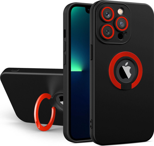 Apple iPhone 14 Pro Kapak Kamera Korumalı Standlı Logo Açık Yüzüklü Silikon Kılıf - Siyah - Kırmızı