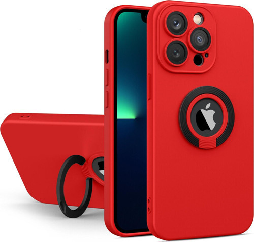 Apple iPhone 14 Pro Max Kapak Kamera Korumalı Standlı Logo Açık Yüzüklü Kılıf - Kırmızı - Siyah