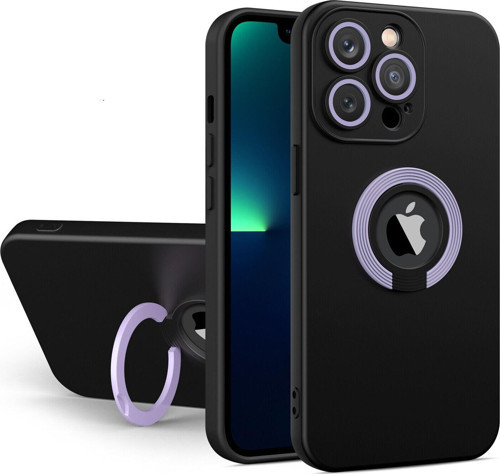Apple iPhone 14 Pro Max Kapak Kamera Korumalı Standlı Logo Açık Yüzüklü Kılıf - Siyah - Lila