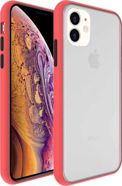 Apple iPhone 11 Kılıf Silikon Kenarlı Düğmeleri Renkli Mat Arka Kapak - Kırmızı