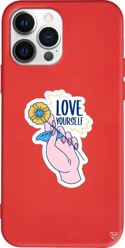 iPhone 15 Pro Uyumlu Kırmızı Renkli Silikon Love Yourself Telefon Kılıfı