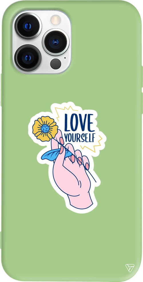 iPhone 15 Pro Uyumlu Açık Yeşil Renkli Silikon Love Yourself Telefon Kılıfı