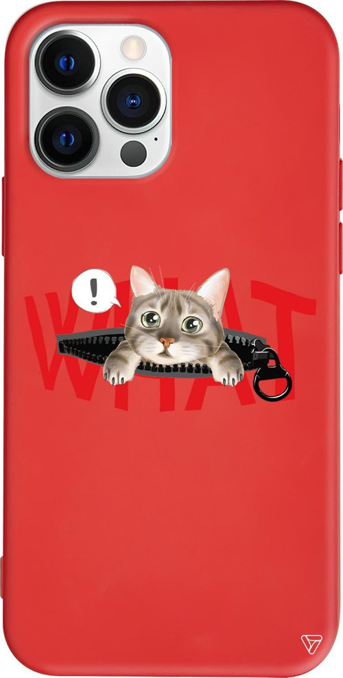 iPhone 15 Pro Uyumlu Kırmızı Renkli Silikon What! Kedi Telefon Kılıfı