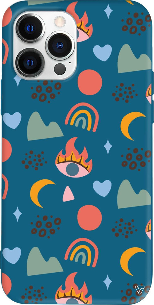 iPhone 15 Pro Uyumlu Lacivert Renkli Silikon Eyes Moon Abstract Koleksiyonu Telefon Kılıfı