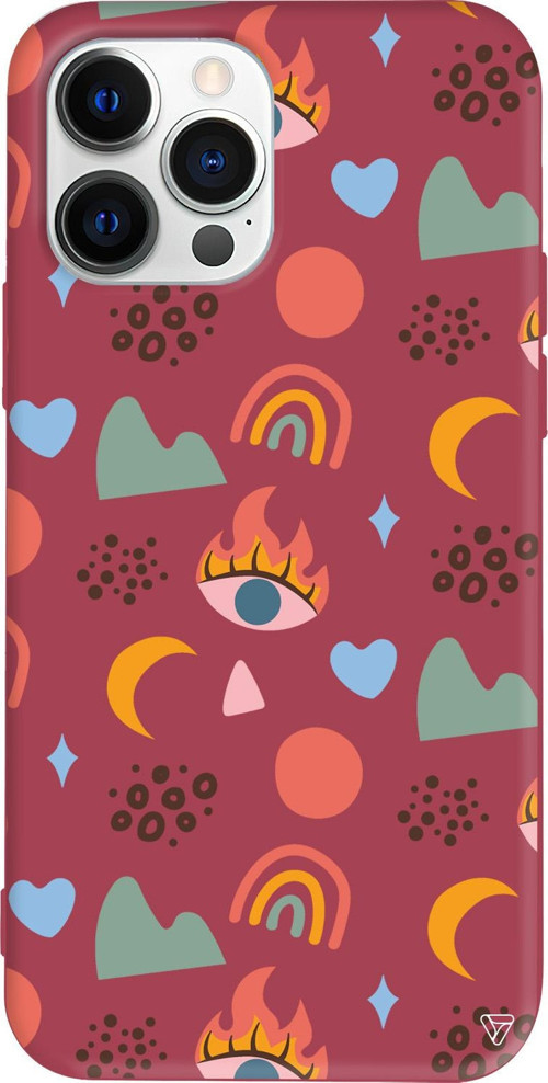 iPhone 15 Pro Uyumlu Bordo Renkli Silikon Eyes Moon Abstract Koleksiyonu Telefon Kılıfı