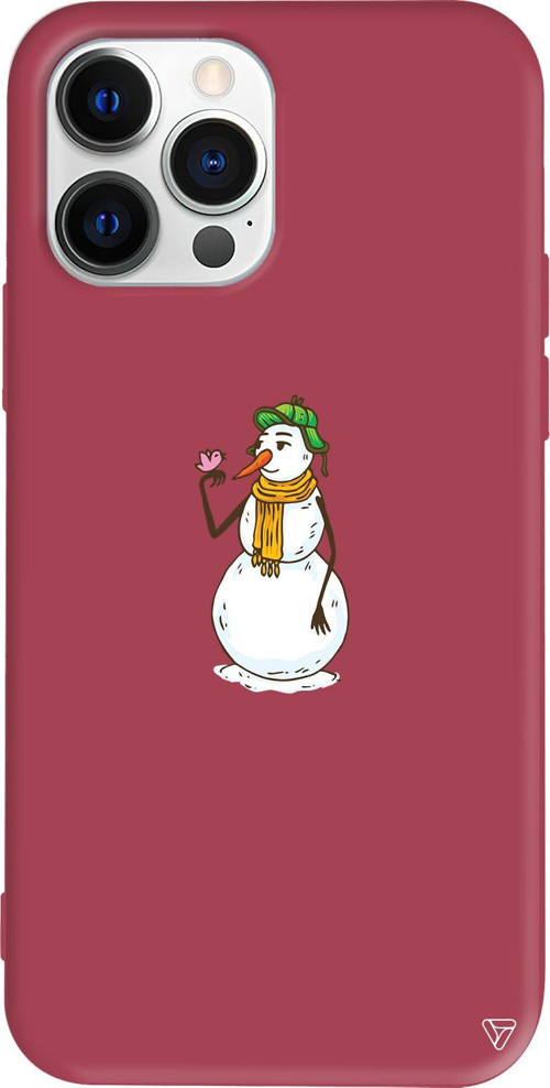 iPhone 15 Pro Uyumlu Bordo Renkli Silikon Snowman With Bird Telefon Kılıfı