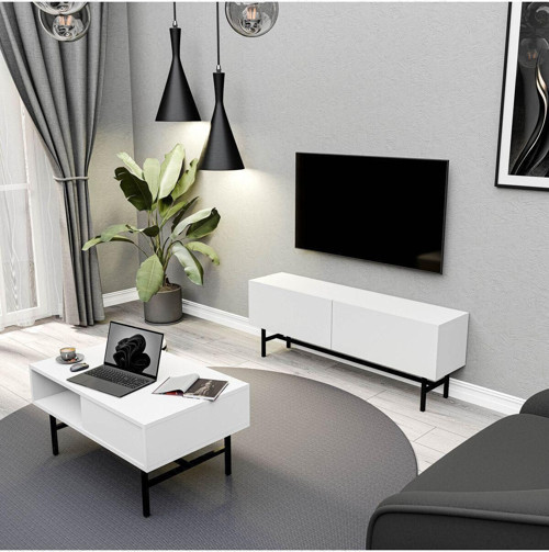 Set 4002-4202 Felıx Siyah Metal Ayaklı Tv Ünitesi - Orta Sehpa Takımı Beyaz