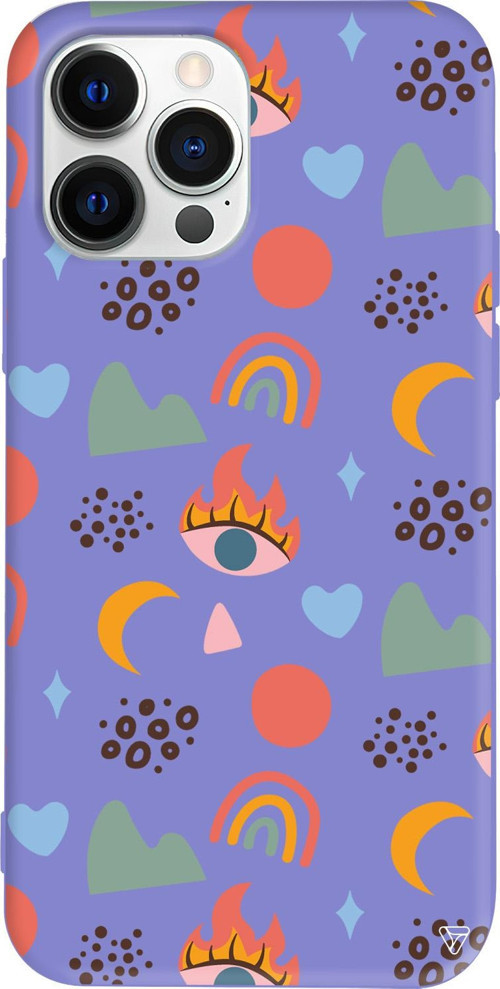 iPhone 15 Pro Uyumlu Lila Renkli Silikon Eyes Moon Abstract Koleksiyonu Telefon Kılıfı