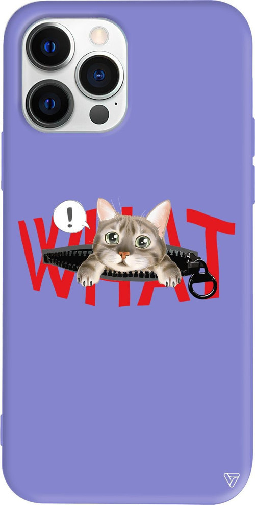 iPhone 15 Pro Uyumlu Lila Renkli Silikon What! Kedi Telefon Kılıfı