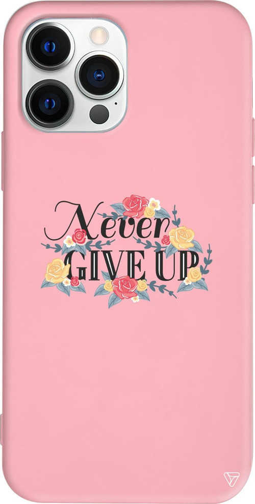 iPhone 15 Pro Uyumlu Pembe Renkli Silikon Never Give Up 2 Telefon Kılıfı