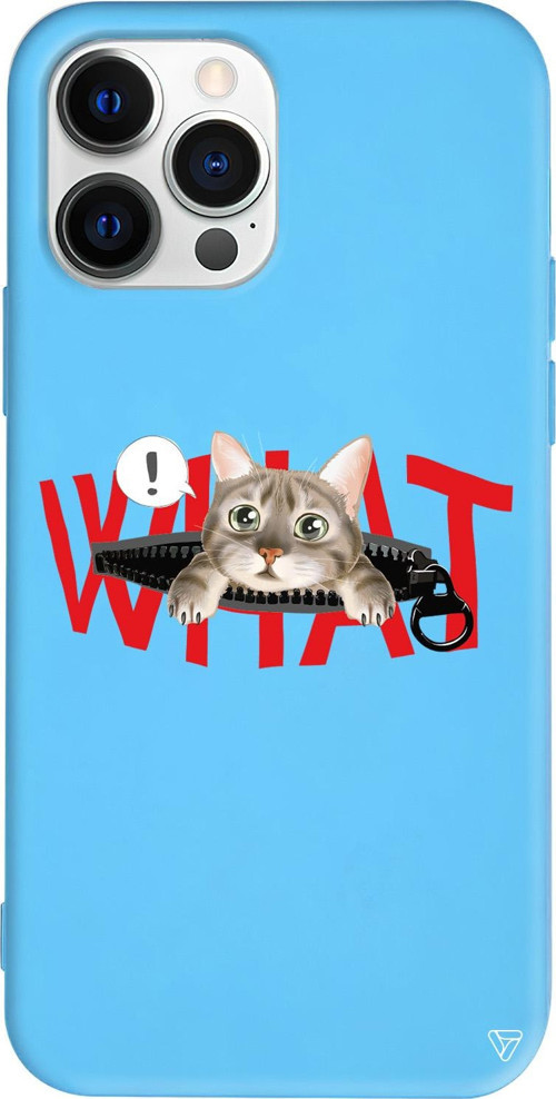 iPhone 15 Pro Uyumlu Mavi Renkli Silikon What! Kedi Telefon Kılıfı