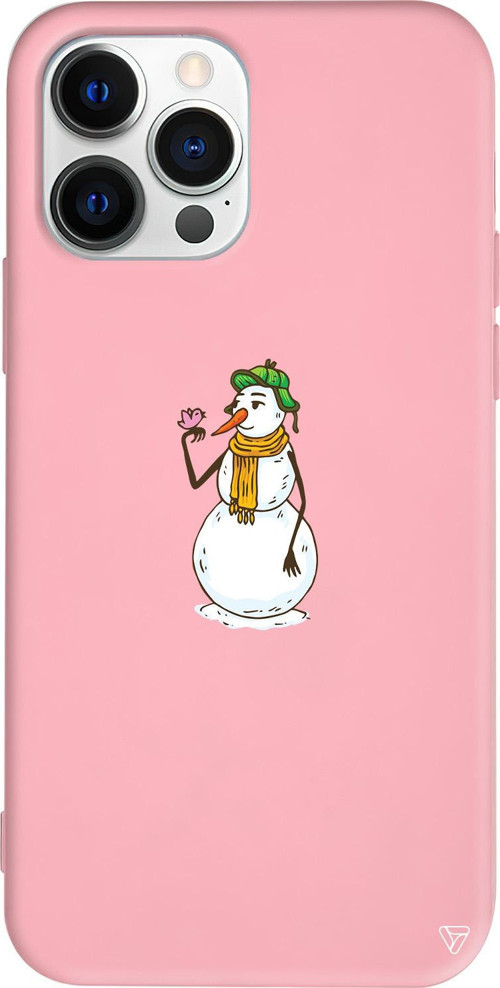 iPhone 15 Pro Uyumlu Pembe Renkli Silikon Snowman With Bird Telefon Kılıfı