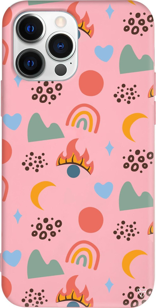 iPhone 15 Pro Uyumlu Pembe Renkli Silikon Eyes Moon Abstract Koleksiyonu Telefon Kılıfı