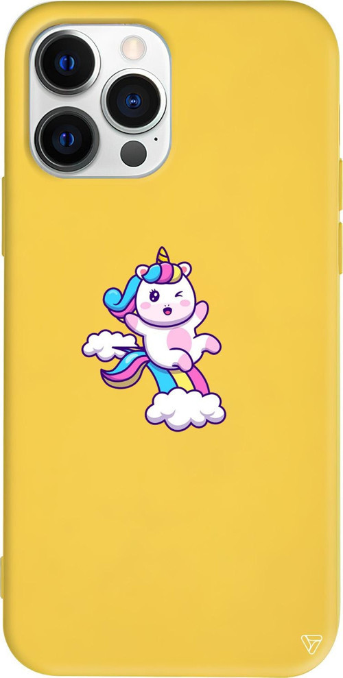 iPhone 15 Pro Uyumlu Sarı Renkli Silikon Colorful Unicorn Telefon Kılıfı