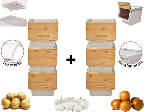Motek Patateslik Soğanlık Sepeti Oyuncak Kutusu Tekerlekli Organızer Çok Amaçlı Kutu 6X12Lt-Bambu+Krem