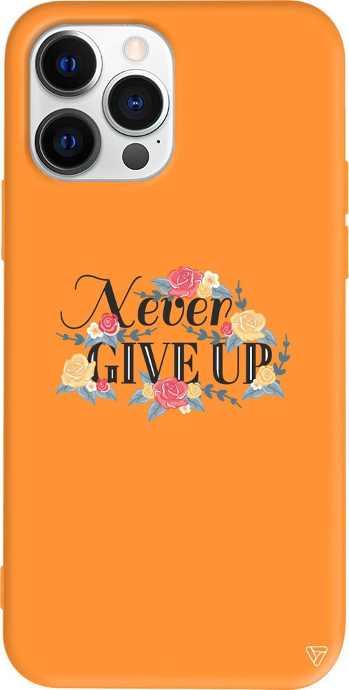iPhone 15 Pro Uyumlu Turuncu Renkli Silikon Never Give Up 2 Telefon Kılıfı