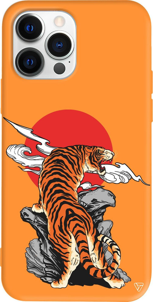 iPhone 15 Pro Uyumlu Turuncu Renkli Silikon Kükreyen Leopar Telefon Kılıfı