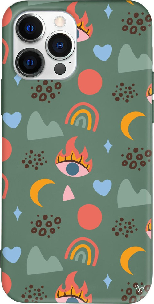 iPhone 15 Pro Uyumlu Yeşil Renkli Silikon Eyes Moon Abstract Koleksiyonu Telefon Kılıfı