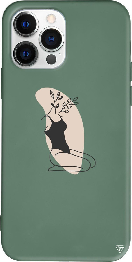 iPhone 15 Pro Uyumlu Yeşil Renkli Silikon Flower Girl Sitting Telefon Kılıfı