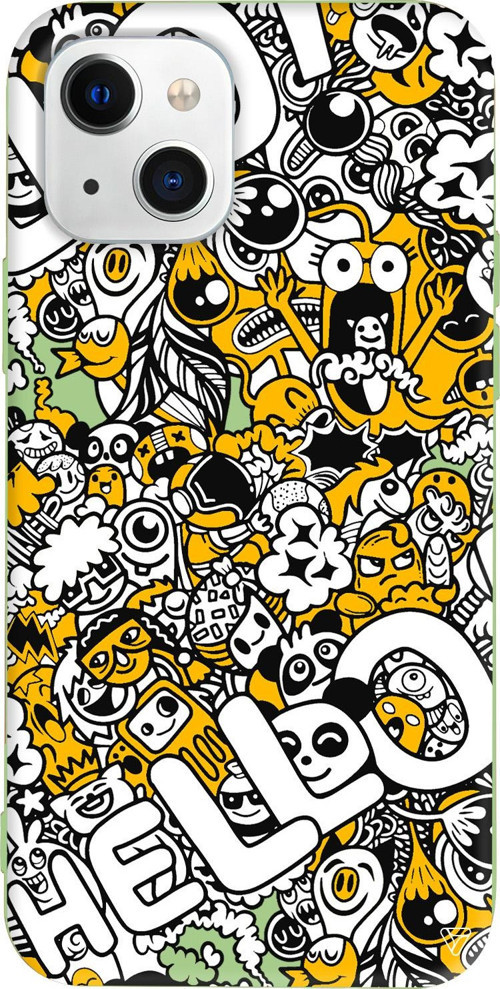 iPhone 15 Uyumlu Açık Yeşil Renkli Silikon Doodle Hello Sticker Koleksiyonu Telefon Kılıfı