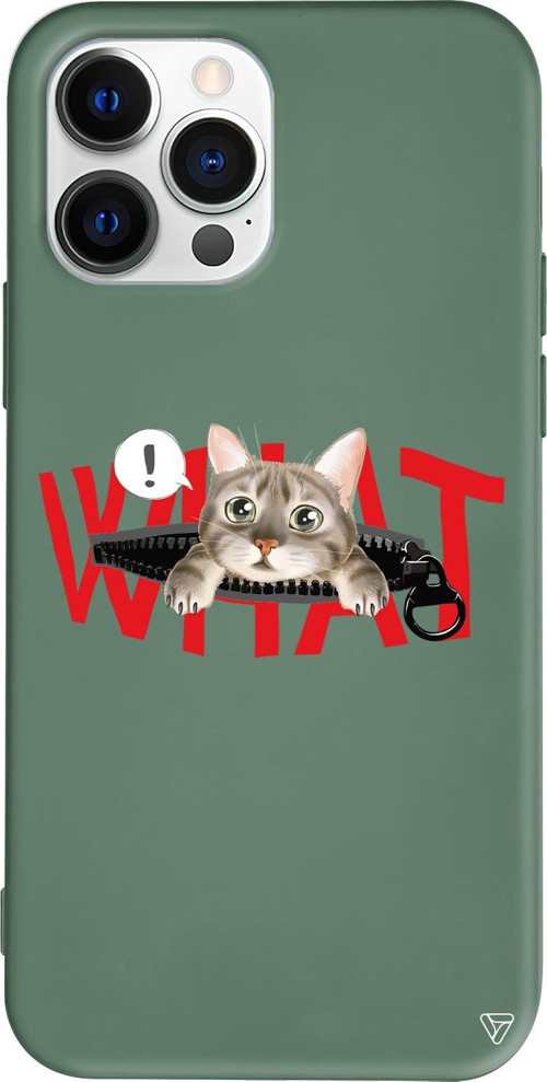iPhone 15 Pro Uyumlu Yeşil Renkli Silikon What! Kedi Telefon Kılıfı