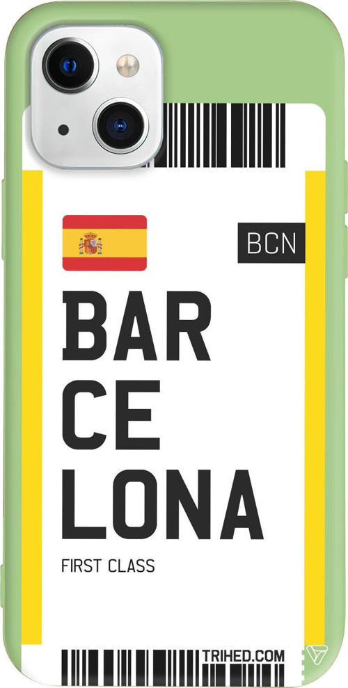 iPhone 15 Uyumlu Açık Yeşil Renkli Silikon Barcelona Bileti Travel Koleksiyonu Telefon Kılıfı
