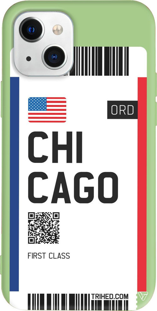 iPhone 15 Uyumlu Açık Yeşil Renkli Silikon Chicago Bileti Travel Koleksiyonu Telefon Kılıfı