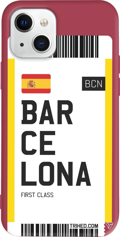 iPhone 15 Uyumlu Bordo Renkli Silikon Barcelona Bileti Travel Koleksiyonu Telefon Kılıfı